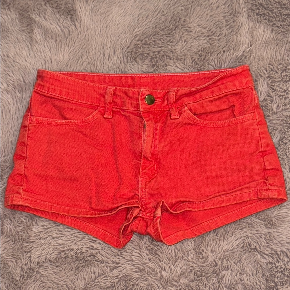 American Apparel Red Jean Shorts button zip closure daisy dukes short denim 26